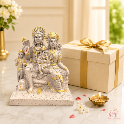 Sacred Stone-Finish Shiv Parivar Family Idol - Pinkish Beige & Gold