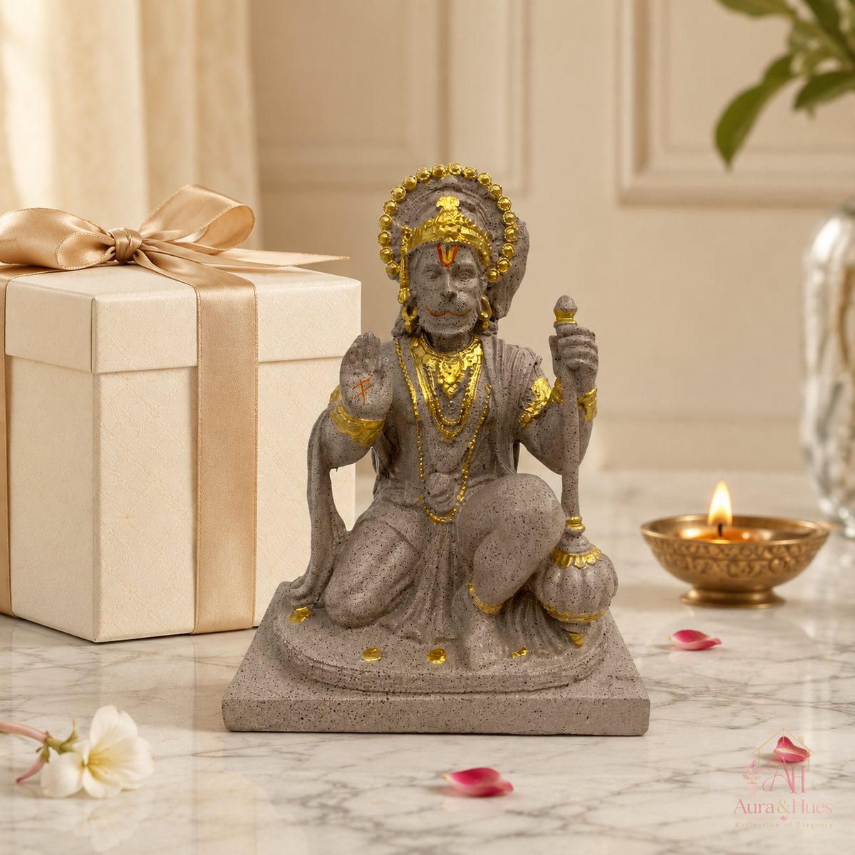 Sacred Stone-Finish Veer Hanuman Idol - Pinkish Beige & Gold