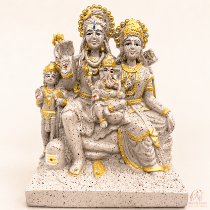 Sacred Stone-Finish Shiv Parivar Family Idol - Pinkish Beige & Gold