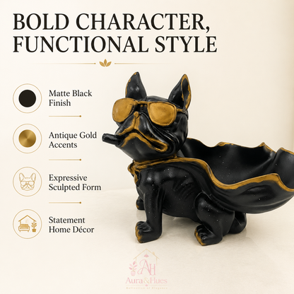 Superhero Cape Bulldog Accent Figurine - Matte Black & Antique Gold