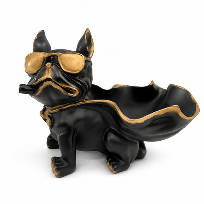 Superhero Cape Bulldog Accent Figurine - Matte Black & Antique Gold