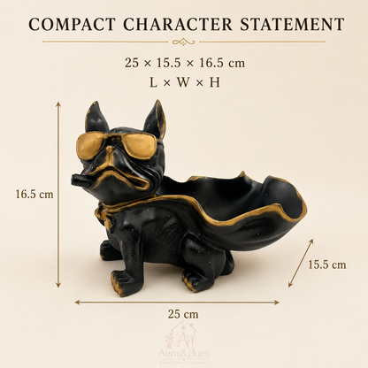 Superhero Cape Bulldog Accent Figurine - Matte Black & Antique Gold