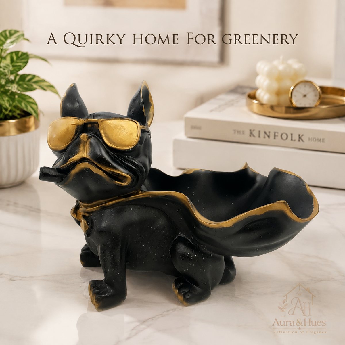 Superhero Cape Bulldog Accent Figurine - Matte Black & Antique Gold