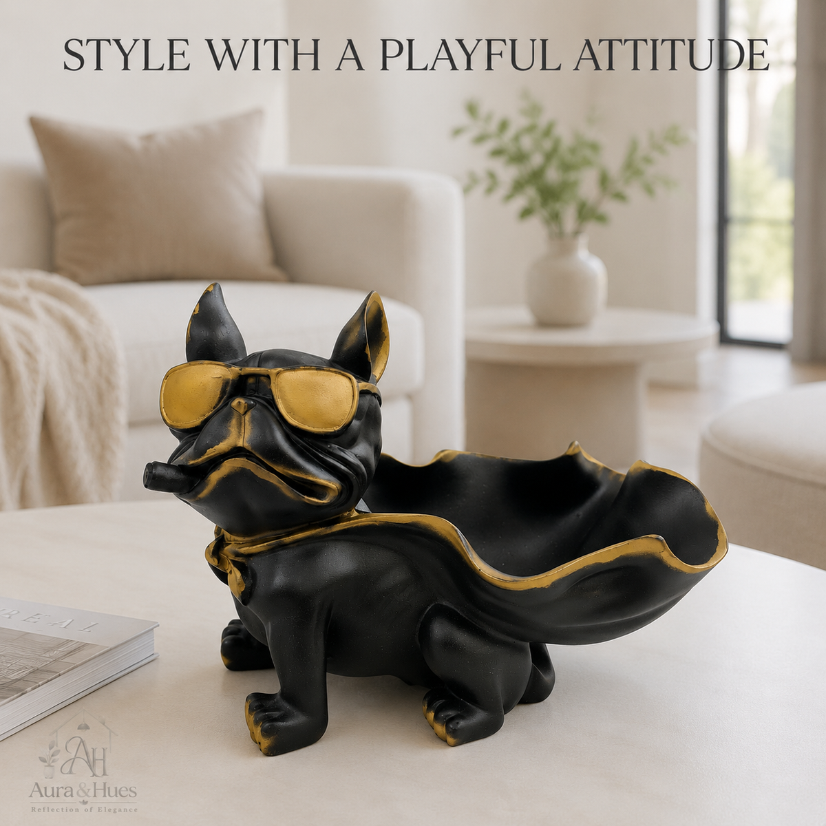 Superhero Cape Bulldog Accent Figurine - Matte Black & Antique Gold