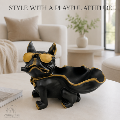 Superhero Cape Bulldog Accent Figurine - Matte Black & Antique Gold