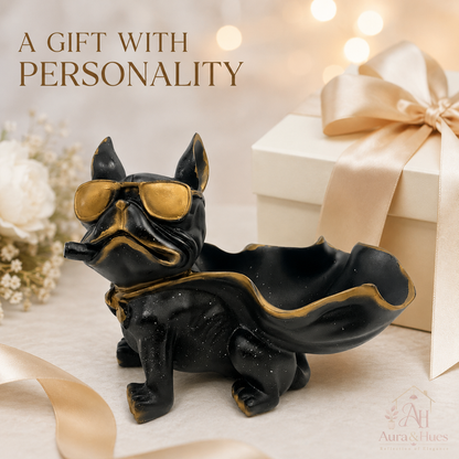 Superhero Cape Bulldog Accent Figurine - Matte Black & Antique Gold