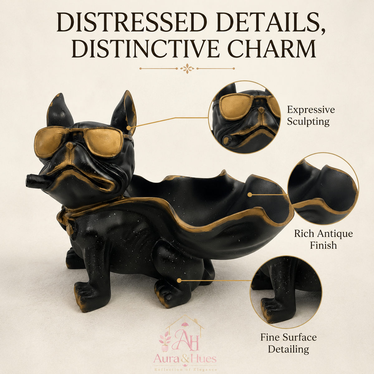Superhero Cape Bulldog Accent Figurine - Matte Black & Antique Gold