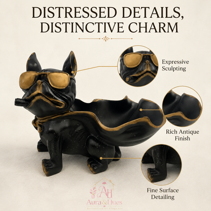 Superhero Cape Bulldog Accent Figurine - Matte Black & Antique Gold