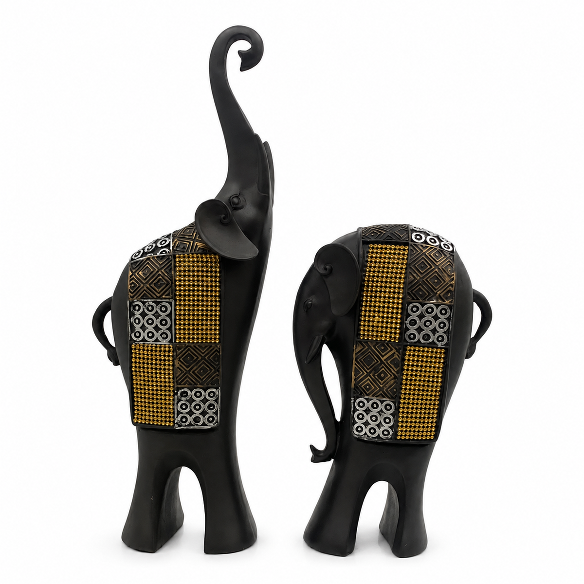 Whimsical Balancing Elephants Duo - Dark Brown, Gold & Silver
