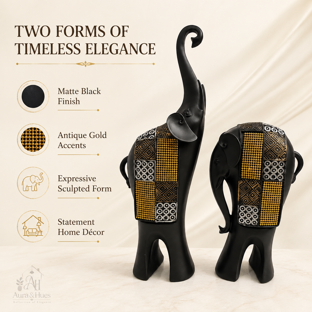 Whimsical Balancing Elephants Duo - Dark Brown, Gold & Silver