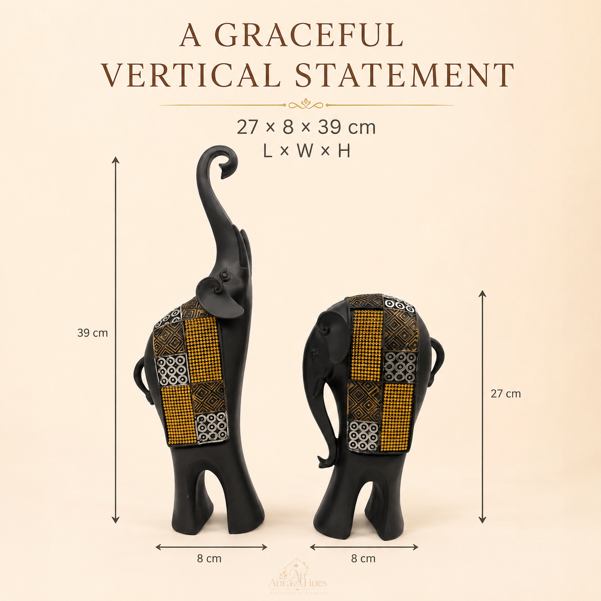 Whimsical Balancing Elephants Duo - Dark Brown, Gold & Silver