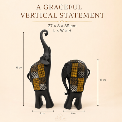 Whimsical Balancing Elephants Duo - Dark Brown, Gold & Silver