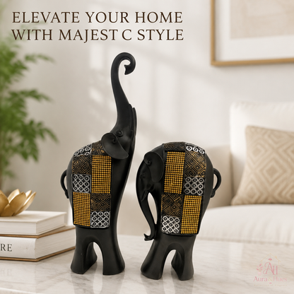 Whimsical Balancing Elephants Duo - Dark Brown, Gold & Silver