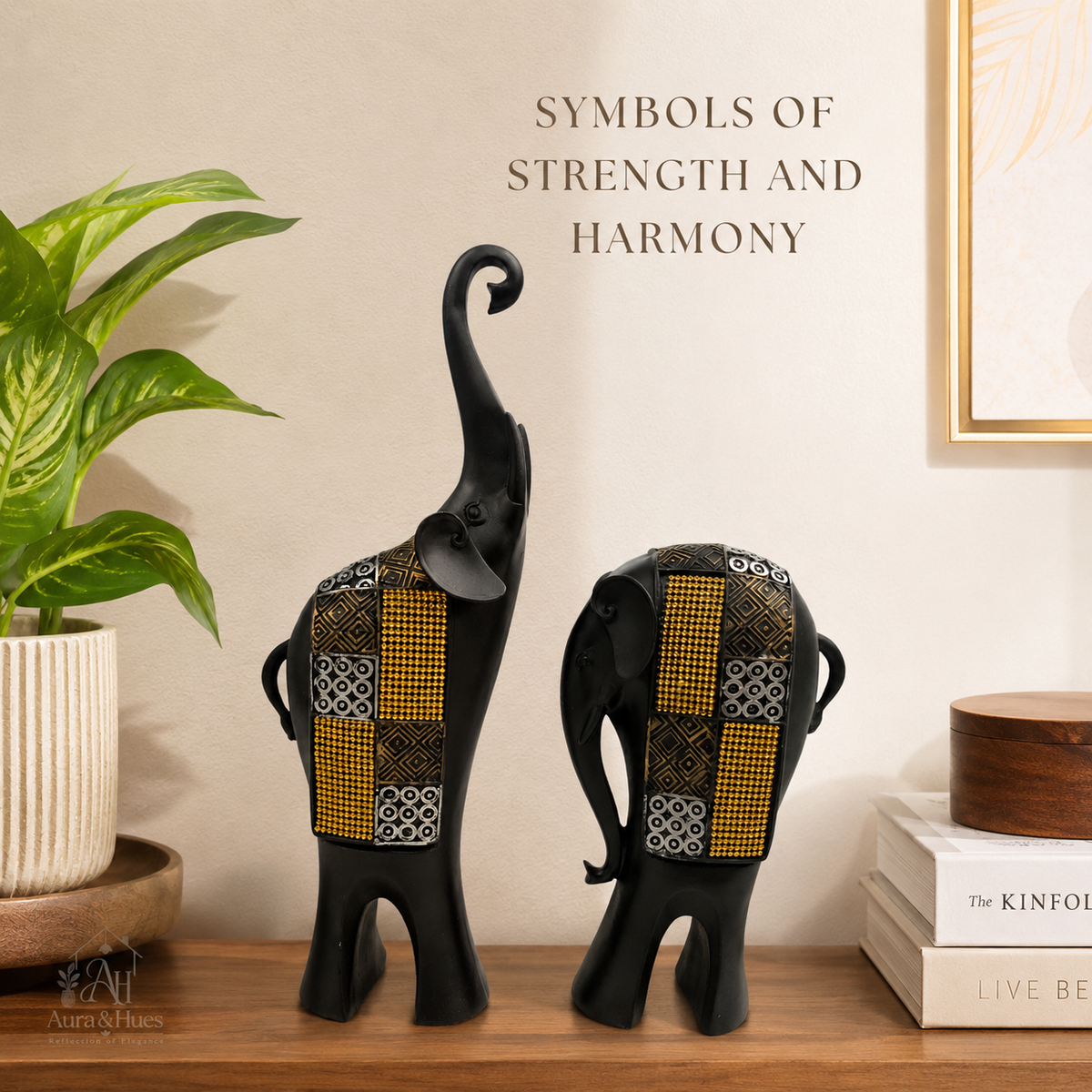 Whimsical Balancing Elephants Duo - Dark Brown, Gold & Silver