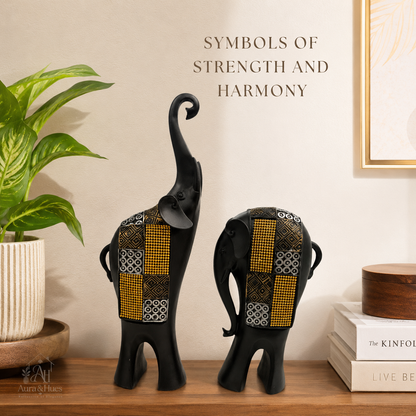 Whimsical Balancing Elephants Duo - Dark Brown, Gold & Silver