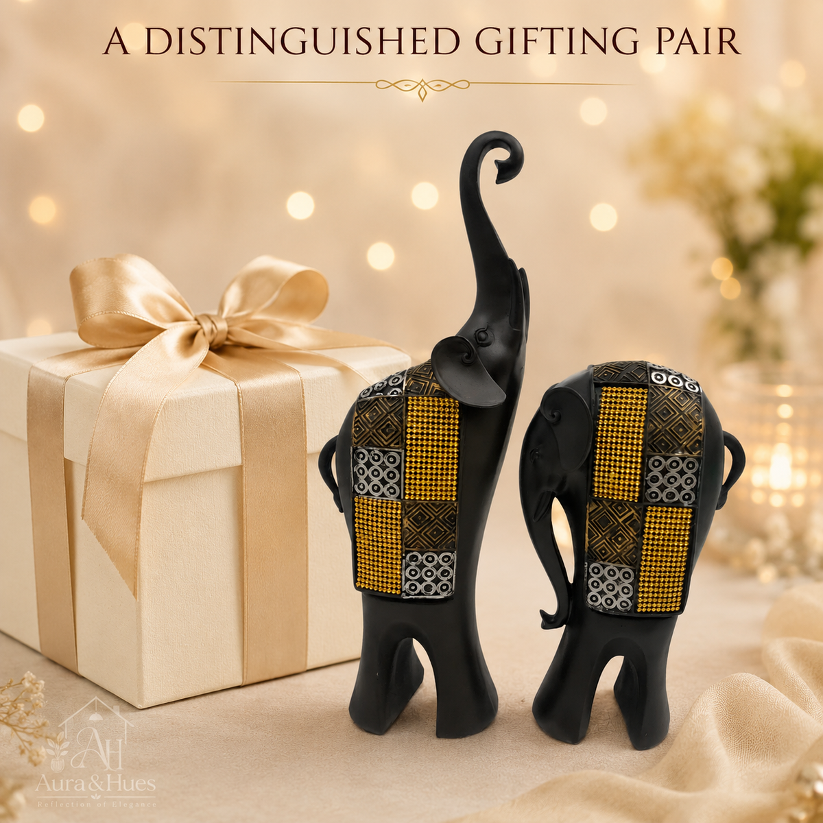 Whimsical Balancing Elephants Duo - Dark Brown, Gold & Silver