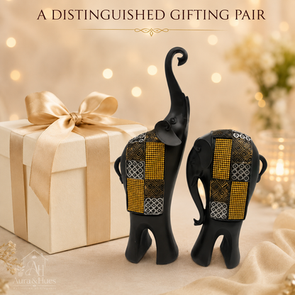 Whimsical Balancing Elephants Duo - Dark Brown, Gold & Silver