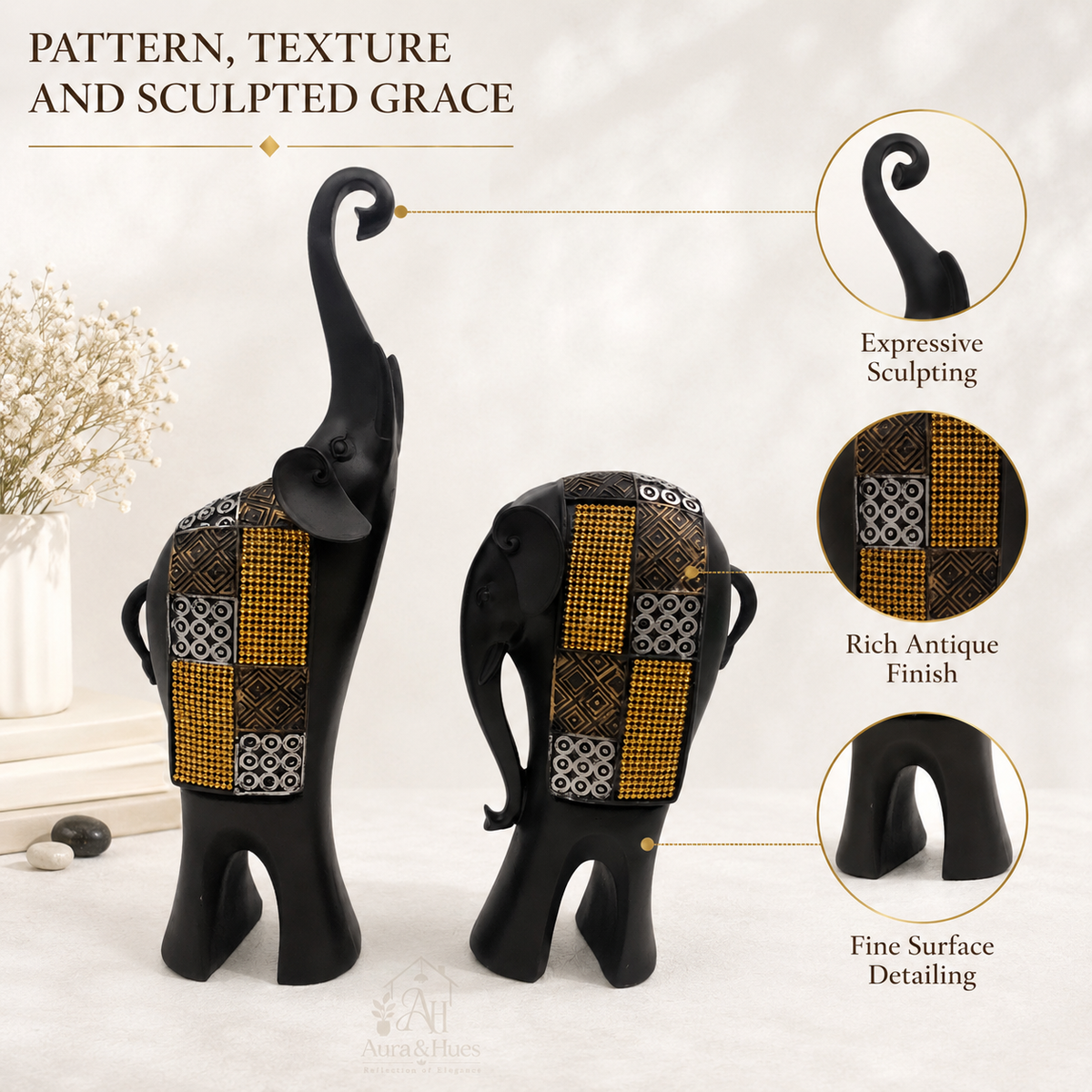 Whimsical Balancing Elephants Duo - Dark Brown, Gold & Silver