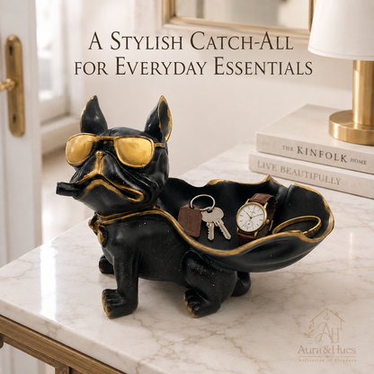 Superhero Cape Bulldog Accent Figurine - Matte Black & Antique Gold