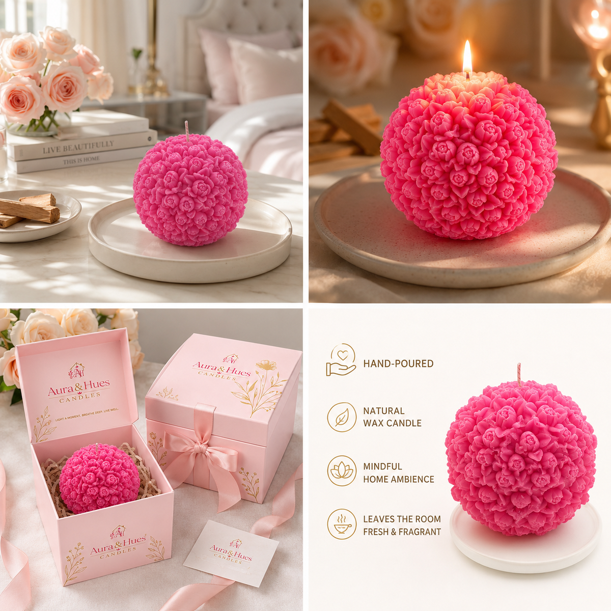 Aura & Hues Rose Bloom Ball Scented Candle, Pink Hand-Poured Natural Wax Candle with Sculpted Floral Design, Decorative Candle for Home Décor, Birthdays & Gifting