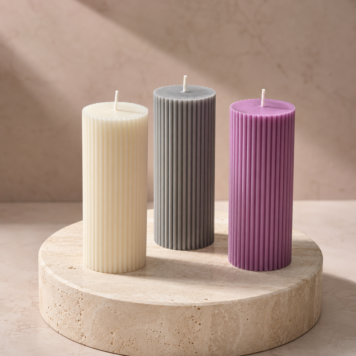 Aura & Hues Ribbed Pillar Candles, Set of 3 in Grey, Ivory & Lilac, Decorative Cylindrical Candles for Home Décor & Gifting, 10 cm Height × 4.5 cm Diameter, 250 g Each