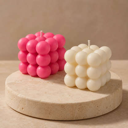 Bubble Cube Candle Set of 2, Pink & Ivory White Decorative Sculptural Candles for Home Décor, Table Centrepiece, Birthday, Housewarming & Festive Gifting