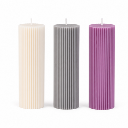Aura & Hues Ribbed Pillar Candles, Set of 3 in Grey, Ivory & Lilac, Decorative Cylindrical Candles for Home Décor & Gifting, 10 cm Height × 4.5 cm Diameter, 250 g Each