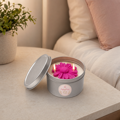 Aura & Hues Floral Tin Scented Candle with Lid, Decorative Flower Wax & Two Cotton Wicks, Reusable Metal Tin for Home Décor & Gifting, (set of 2 ) 8 cm Diameter × 5 cm Height