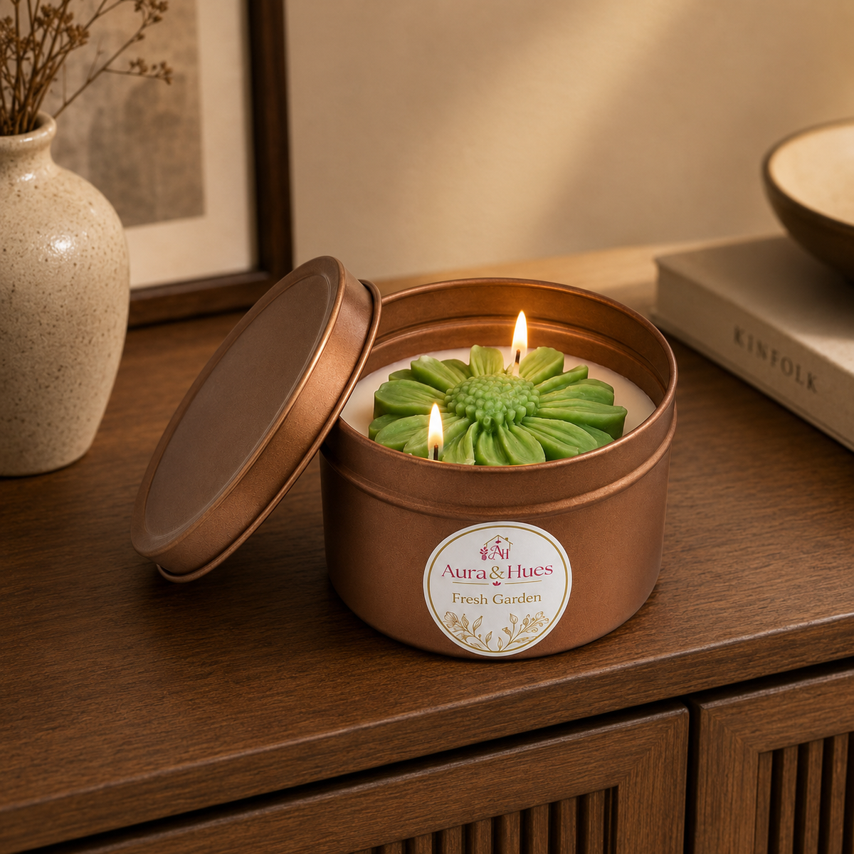 Aura & Hues Floral Tin Scented Candle with Lid, Decorative Flower Wax & Two Cotton Wicks, Reusable Metal Tin for Home Décor & Gifting, (set of 2 ) 8 cm Diameter × 5 cm Height