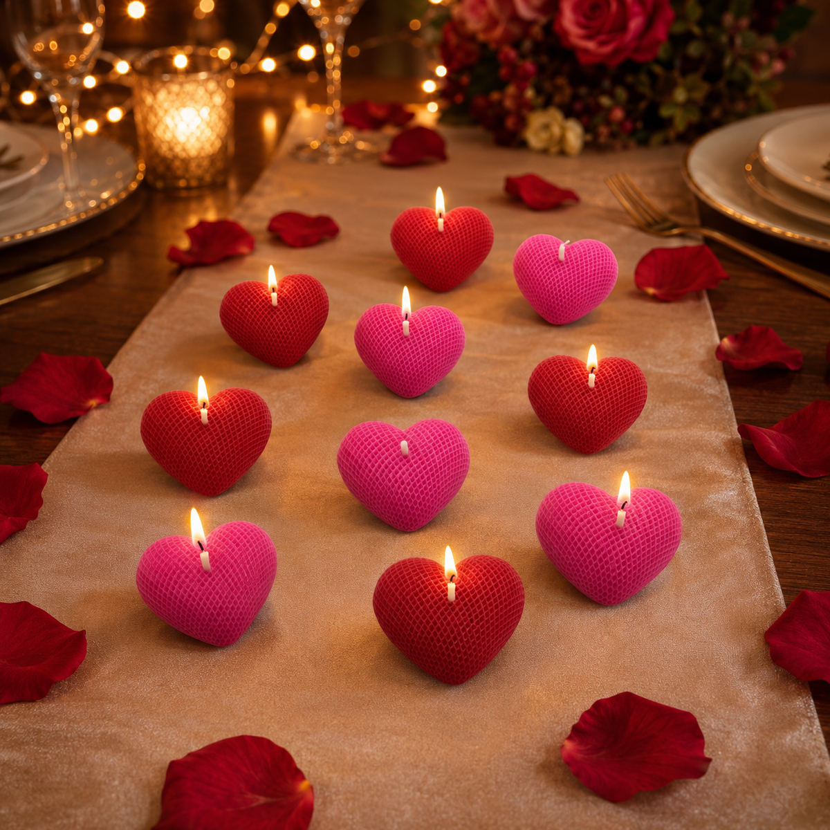 Aura & Hues Heart-Shaped Scented Candles, Pack of 6, Pink & Red, Rose & Sandalwood Fragrance, Hand-Poured Wax with Cotton Wicks for Romantic Décor & Gifting, 4 × 4 × 1.5 cm Each