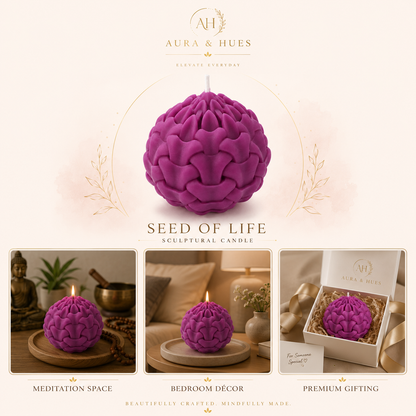 Aura & Hues Seed of Life Lavender Scented Candle, Lilac Sculptural Wax Candle with Cotton Wick, Hand-Poured Decorative Candle for Home Décor & Gifting, 8 × 8 cm, 200 g