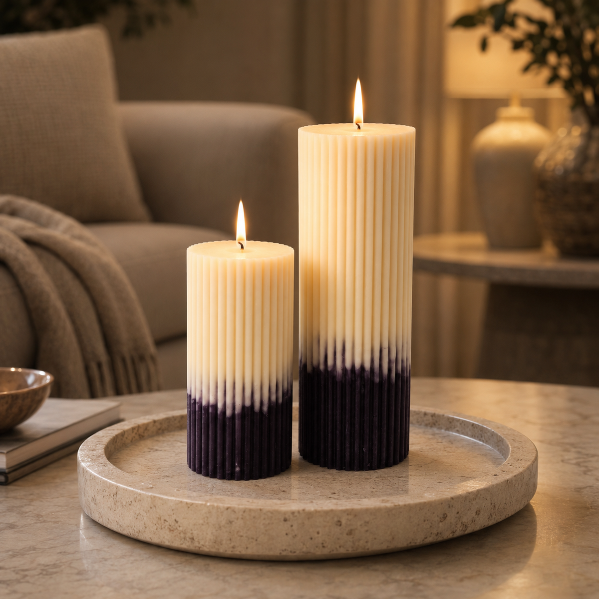 Aura & Hues Dual-Shade Ribbed Pillar Candles, Set of 2, Cream & Deep Purple, Floral Mix and Almond Vanilla Fragrances, Hand-Poured Wax with Cotton Wicks, Home Décor & Gifting