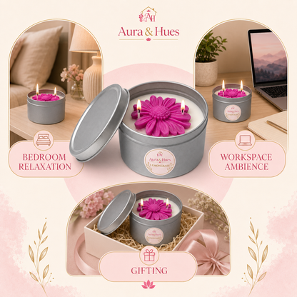 Aura & Hues Floral Tin Scented Candle with Lid, Decorative Flower Wax & Two Cotton Wicks, Reusable Metal Tin for Home Décor & Gifting, (set of 2 ) 8 cm Diameter × 5 cm Height