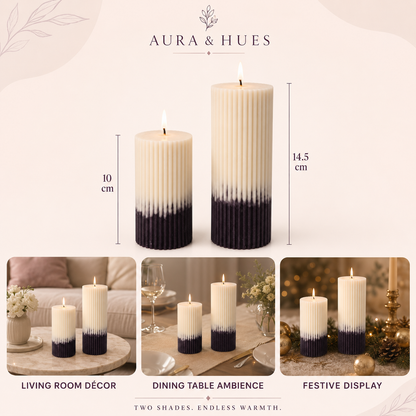 Aura & Hues Dual-Shade Ribbed Pillar Candles, Set of 2, Cream & Deep Purple, Floral Mix and Almond Vanilla Fragrances, Hand-Poured Wax with Cotton Wicks, Home Décor & Gifting
