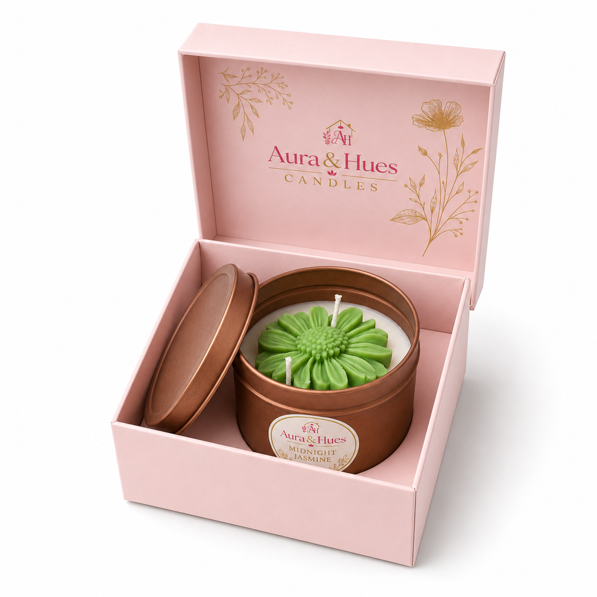 Aura & Hues Floral Tin Scented Candle with Lid, Decorative Flower Wax & Two Cotton Wicks, Reusable Metal Tin for Home Décor & Gifting, (set of 2 ) 8 cm Diameter × 5 cm Height