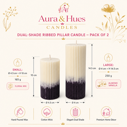 Aura & Hues Dual-Shade Ribbed Pillar Candles, Set of 2, Cream & Deep Purple, Floral Mix and Almond Vanilla Fragrances, Hand-Poured Wax with Cotton Wicks, Home Décor & Gifting