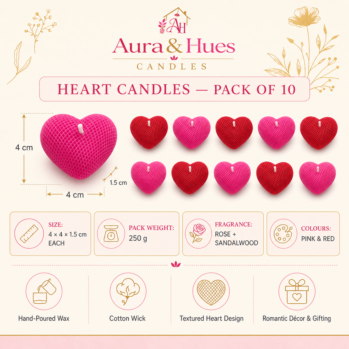 Aura & Hues Heart-Shaped Scented Candles, Pack of 6, Pink & Red, Rose & Sandalwood Fragrance, Hand-Poured Wax with Cotton Wicks for Romantic Décor & Gifting, 4 × 4 × 1.5 cm Each