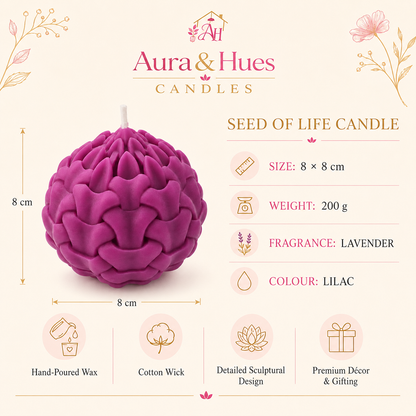 Aura & Hues Seed of Life Lavender Scented Candle, Lilac Sculptural Wax Candle with Cotton Wick, Hand-Poured Decorative Candle for Home Décor & Gifting, 8 × 8 cm, 200 g