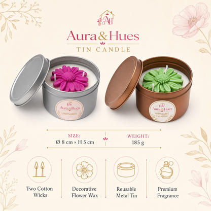 Aura & Hues Floral Tin Scented Candle with Lid, Decorative Flower Wax & Two Cotton Wicks, Reusable Metal Tin for Home Décor & Gifting, (set of 2 ) 8 cm Diameter × 5 cm Height