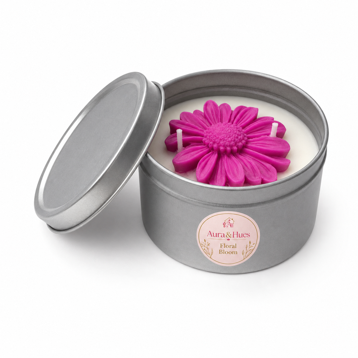 Aura & Hues Floral Tin Scented Candle with Lid, Decorative Flower Wax & Two Cotton Wicks, Reusable Metal Tin for Home Décor & Gifting, (set of 2 ) 8 cm Diameter × 5 cm Height
