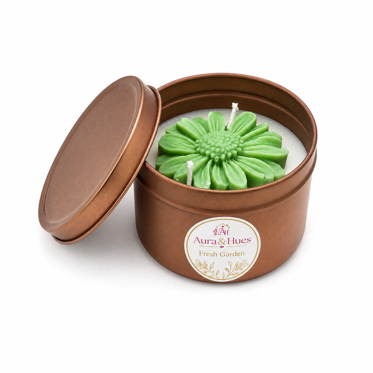 Aura & Hues Floral Tin Scented Candle with Lid, Decorative Flower Wax & Two Cotton Wicks, Reusable Metal Tin for Home Décor & Gifting, (set of 2 ) 8 cm Diameter × 5 cm Height