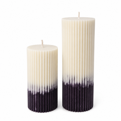Aura & Hues Dual-Shade Ribbed Pillar Candles, Set of 2, Cream & Deep Purple, Floral Mix and Almond Vanilla Fragrances, Hand-Poured Wax with Cotton Wicks, Home Décor & Gifting
