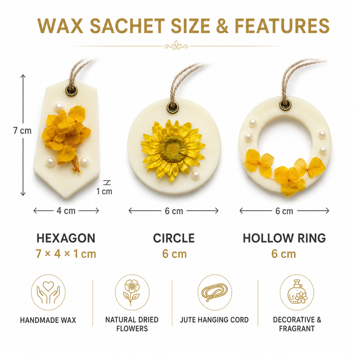 Aura & Hues (set of 2) Botanical Wax Sachets with Dried Floral Decorations,(Random shape and designs)
