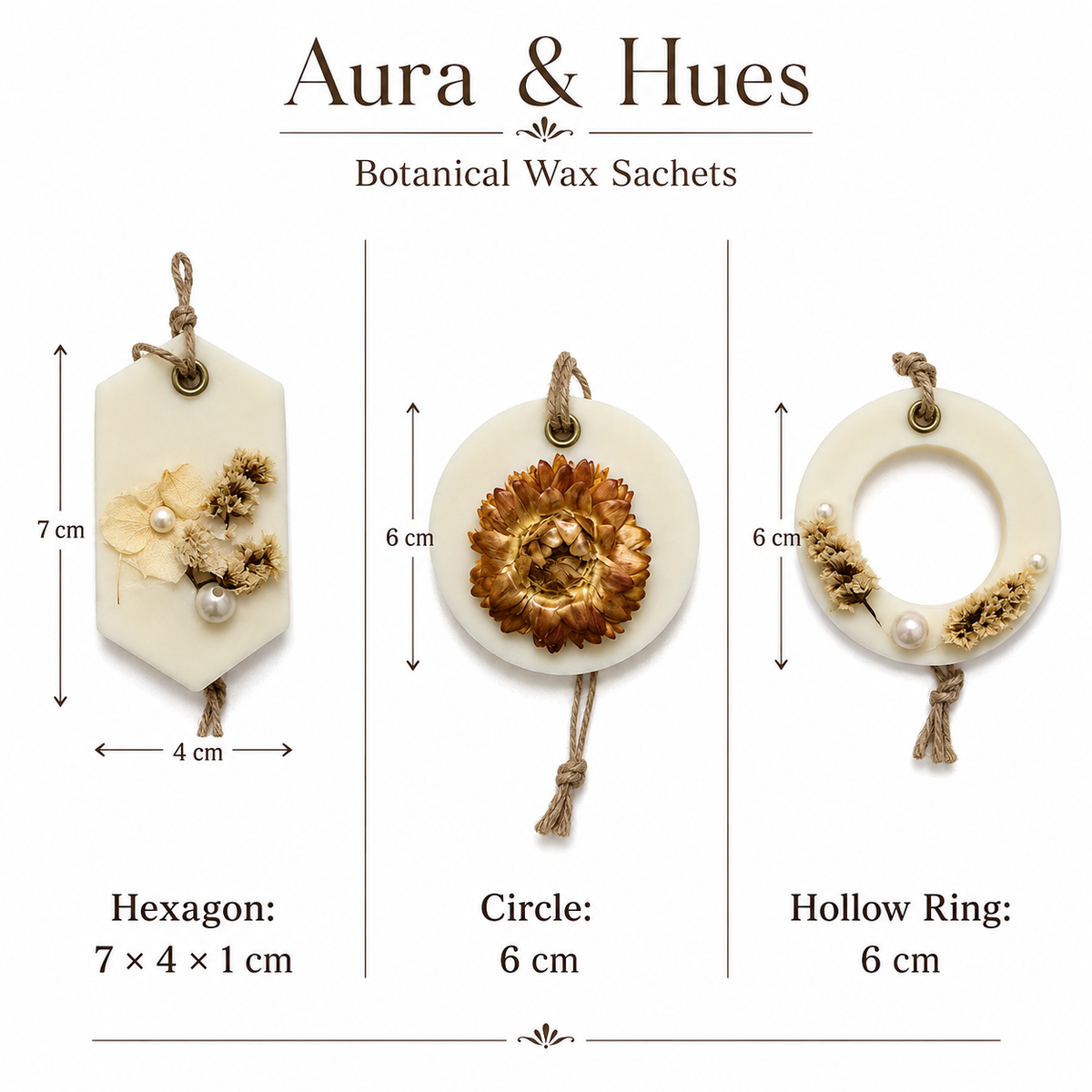 Aura & Hues (set of 2) Botanical Wax Sachets with Dried Floral Decorations,(Random shape and designs)