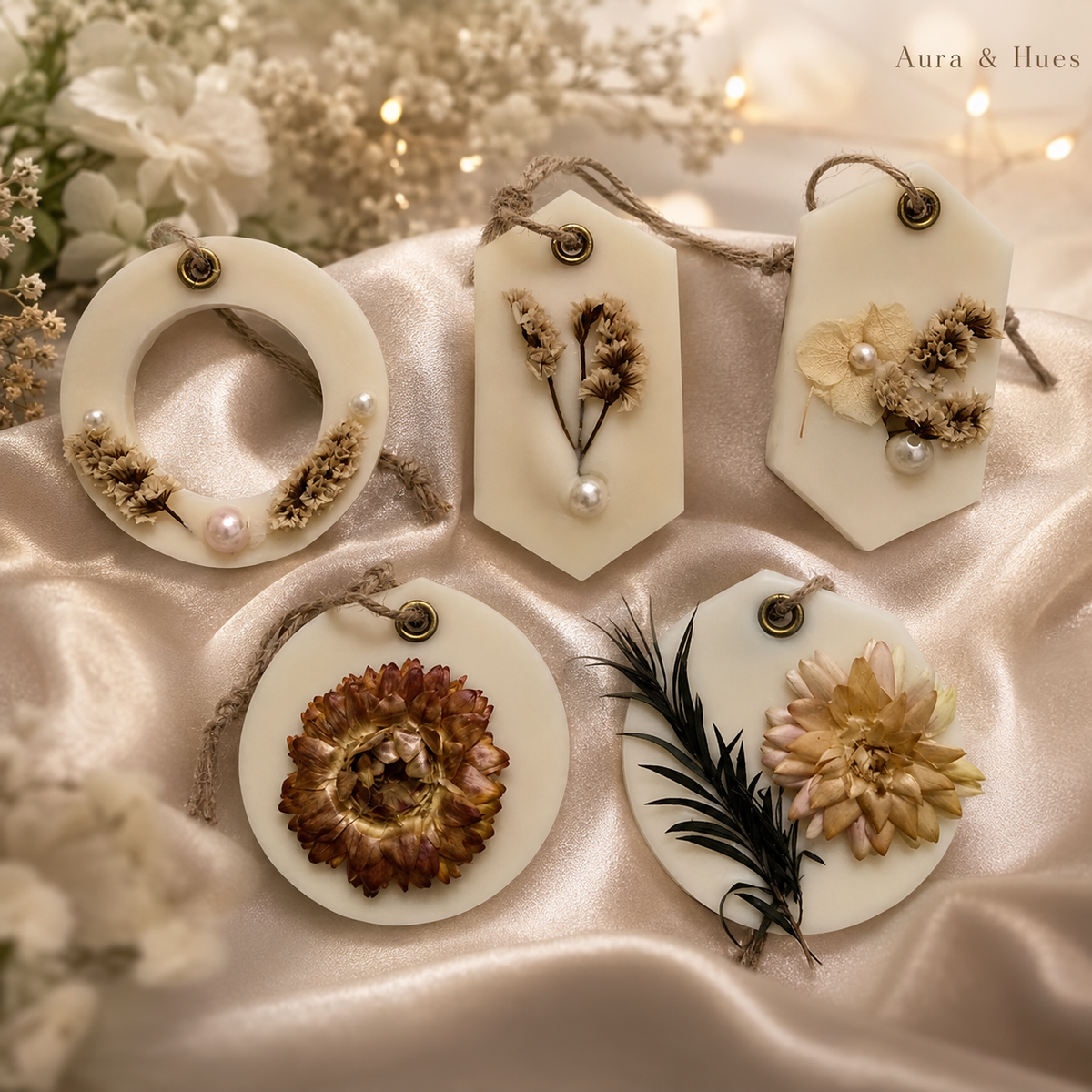 Aura & Hues (set of 2) Botanical Wax Sachets with Dried Floral Decorations,(Random shape and designs)