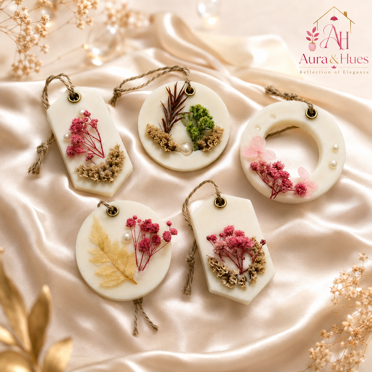 Aura & Hues (set of 2) Botanical Wax Sachets with Dried Floral Decorations,(Random shape and designs)