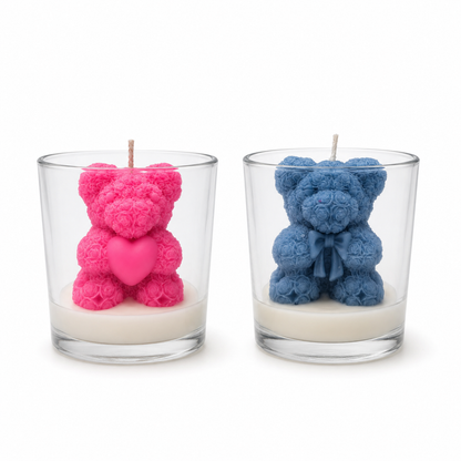 Aura & Hues Floral Teddy Bear Candles in Glass Jars, Pink & Blue Set of 2, Rose & Sandalwood Fragrance, Baby Shower & Gift Décor