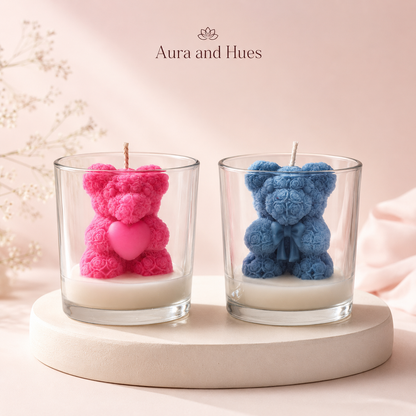 Aura & Hues Floral Teddy Bear Candles in Glass Jars, Pink & Blue Set of 2, Rose & Sandalwood Fragrance, Baby Shower & Gift Décor