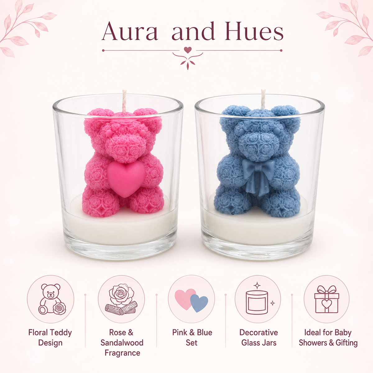 Aura & Hues Floral Teddy Bear Candles in Glass Jars, Pink & Blue Set of 2, Rose & Sandalwood Fragrance, Baby Shower & Gift Décor