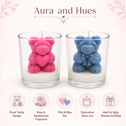 Aura & Hues Floral Teddy Bear Candles in Glass Jars, Pink & Blue Set of 2, Rose & Sandalwood Fragrance, Baby Shower & Gift Décor